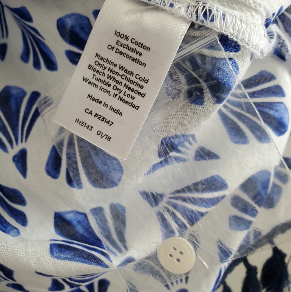 Talbots NWT Tassel Fringe Printed Boho Seashell Tunic in Blue and White Size XS - Picture 7 of 8